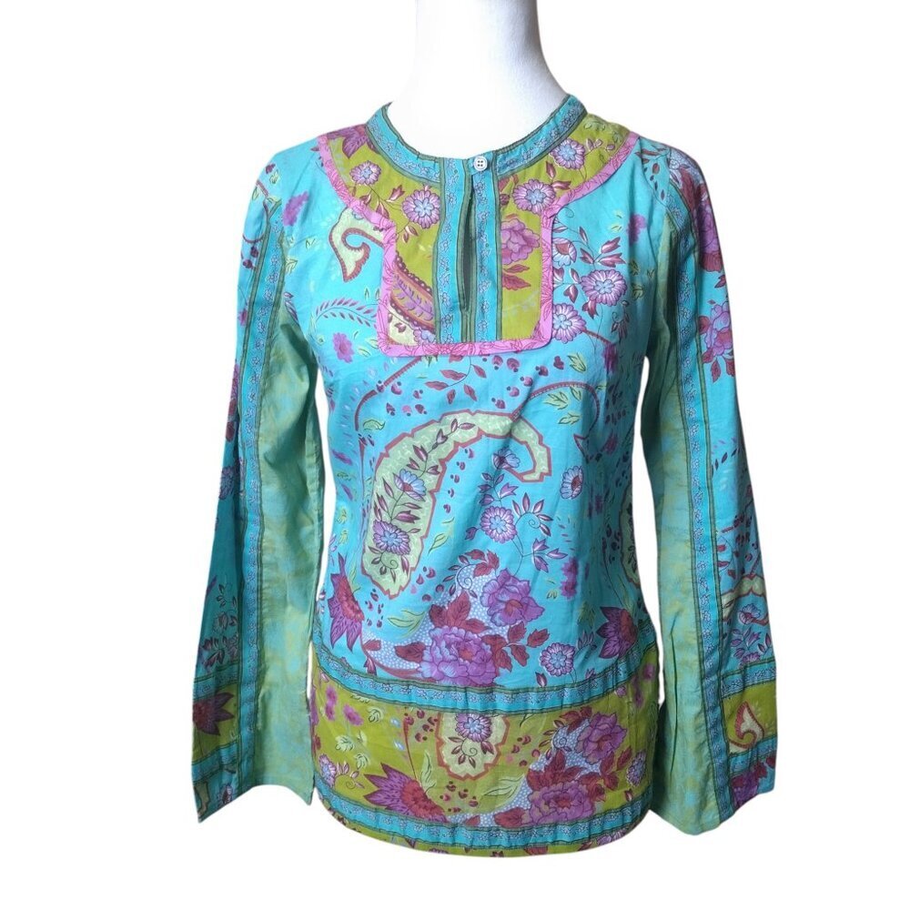 Boston Proper Size 2 Paisley Floral Boho Long Sleeve Beach Resortwear Blouse Top